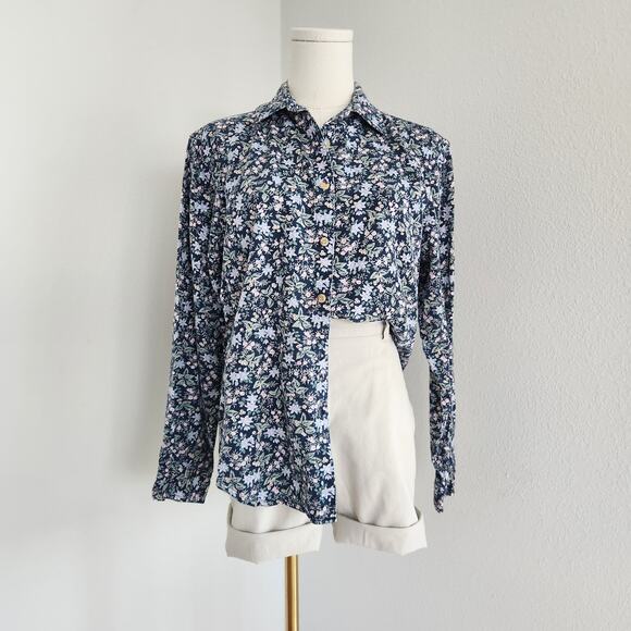 American Vintage Tops - Vintage 90s Cherokee Floral Button Down Shirt Blue White Pink Cotton Top S